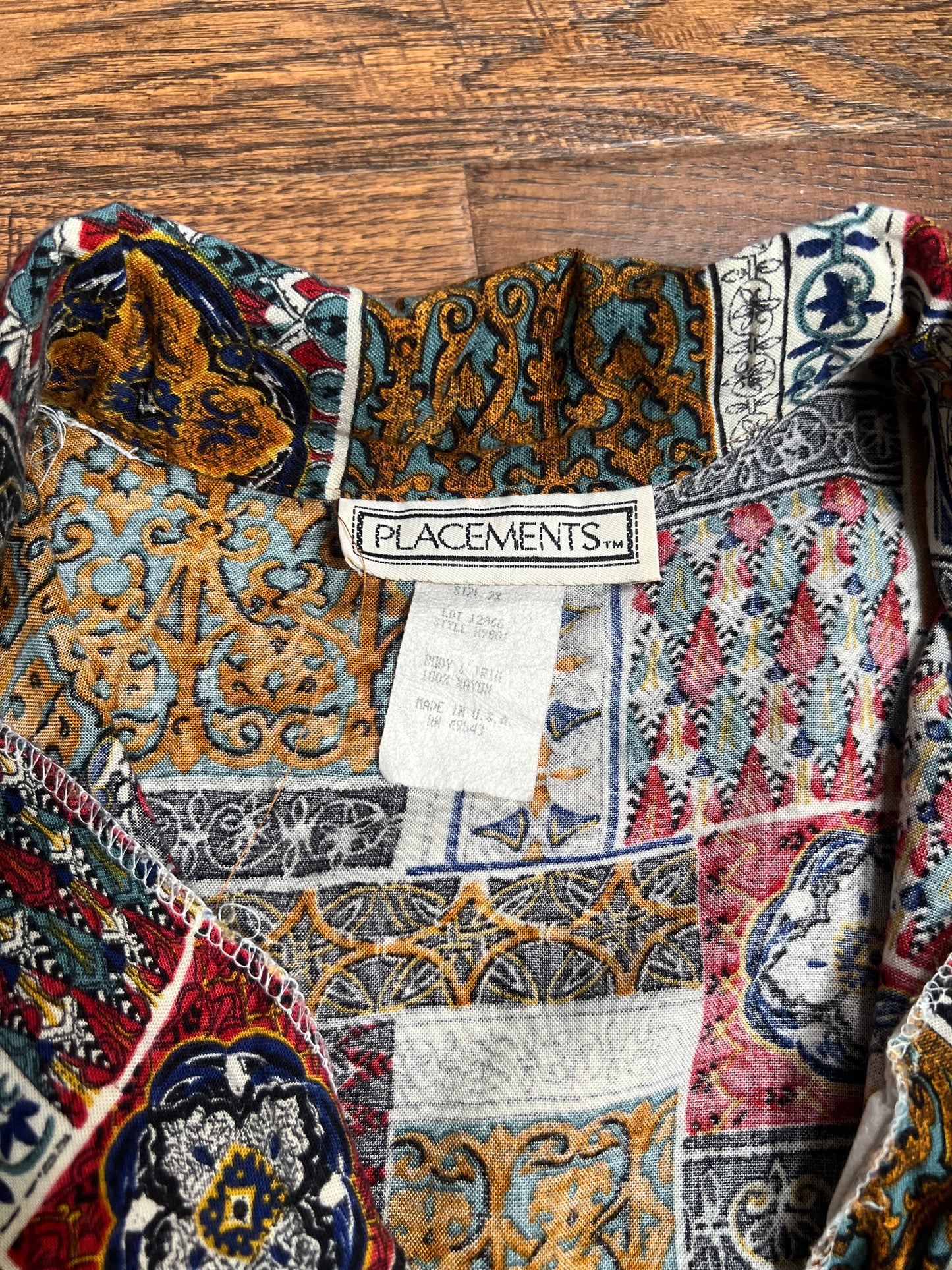 Vintage Clothing - Collared Button Up Short Sleeve Shirt - Mosaic Tiles Print - X-Large - Placements