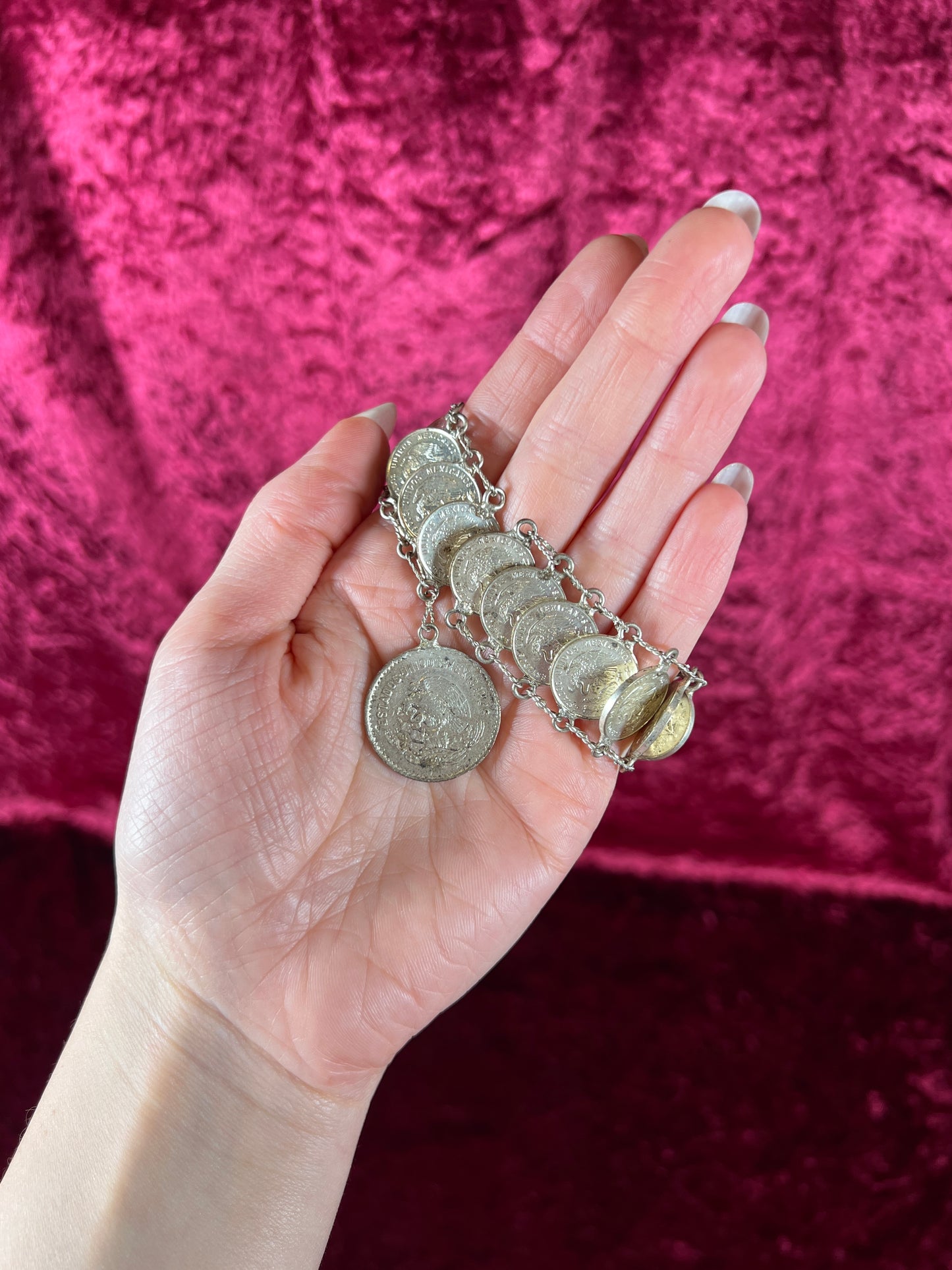 Vintage Jewelry - Coin Bracelet - Silver - Mexican Centavos - 7"