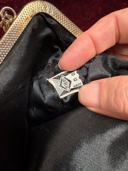 Vintage Accessories - 1950s Gems by George Black Beaded Evening Purse - Kiss Lock Closure w/ Gold Chain Strap