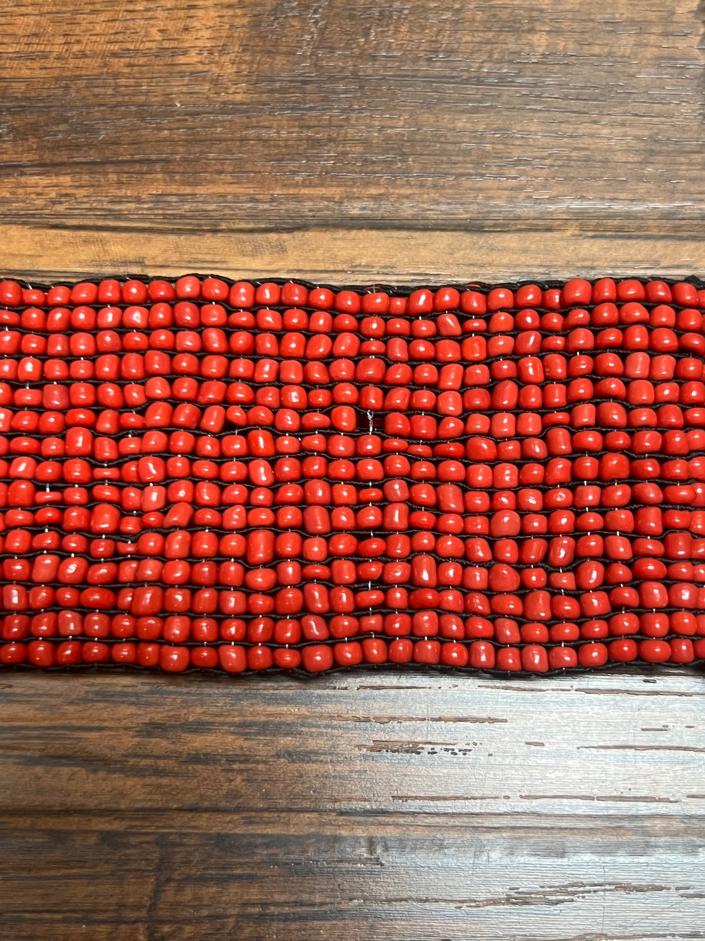 Vintage Style Accessories - Glass Seed Beaded Waist Belt with Wood Buckle - Red - 31.5"
