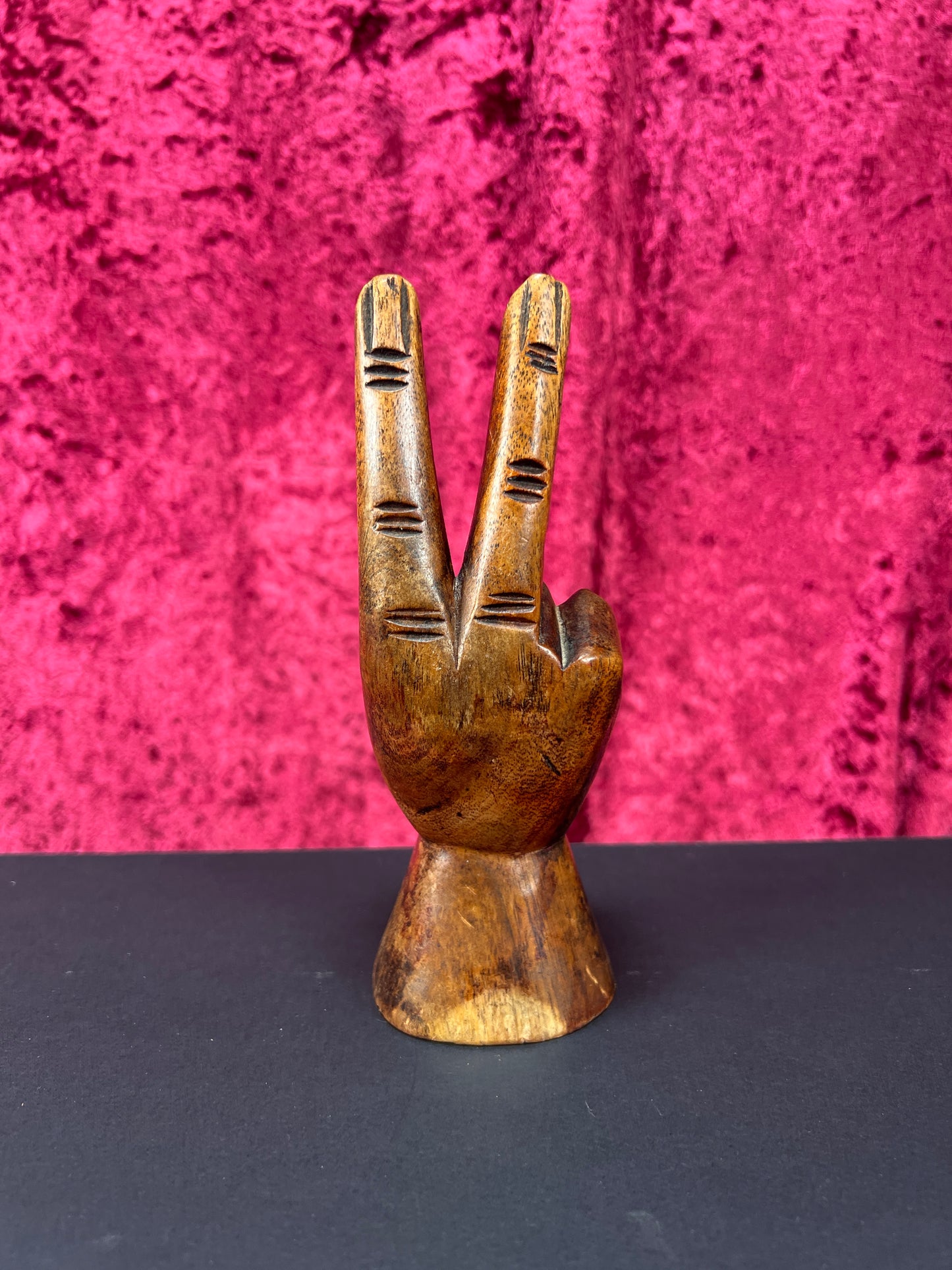 Vintage Oddities - Hand Carved Wood Statue - Hippy Hand Peace Sign