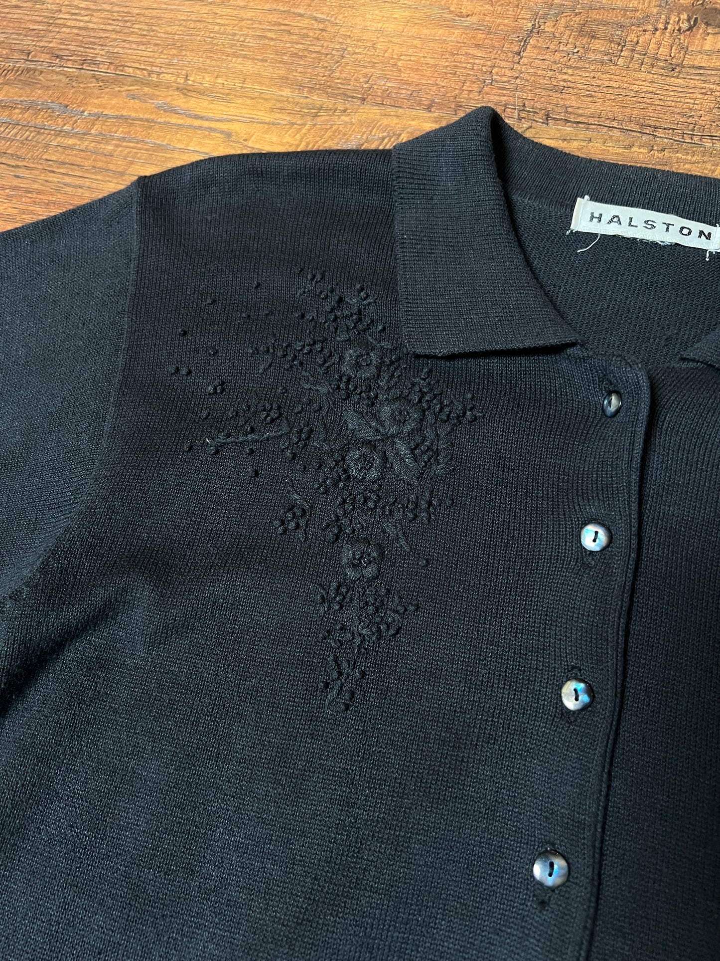 Vintage Halston Knit Cardigan - Black Floral Embroidered Short Sleeve Sweater - Small