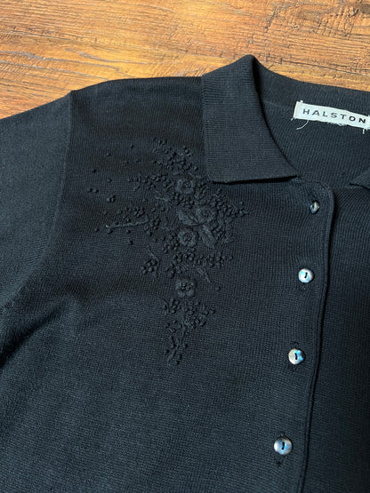 Vintage Halston Knit Cardigan - Black Floral Embroidered Short Sleeve Sweater - Small