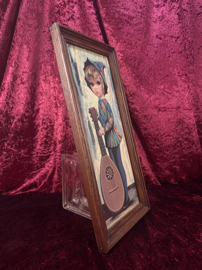 Vintage Mid Century Framed Wall Art – Big Eyes Lyre Harlequin Girl Portrait - Moppet by Jean Maio