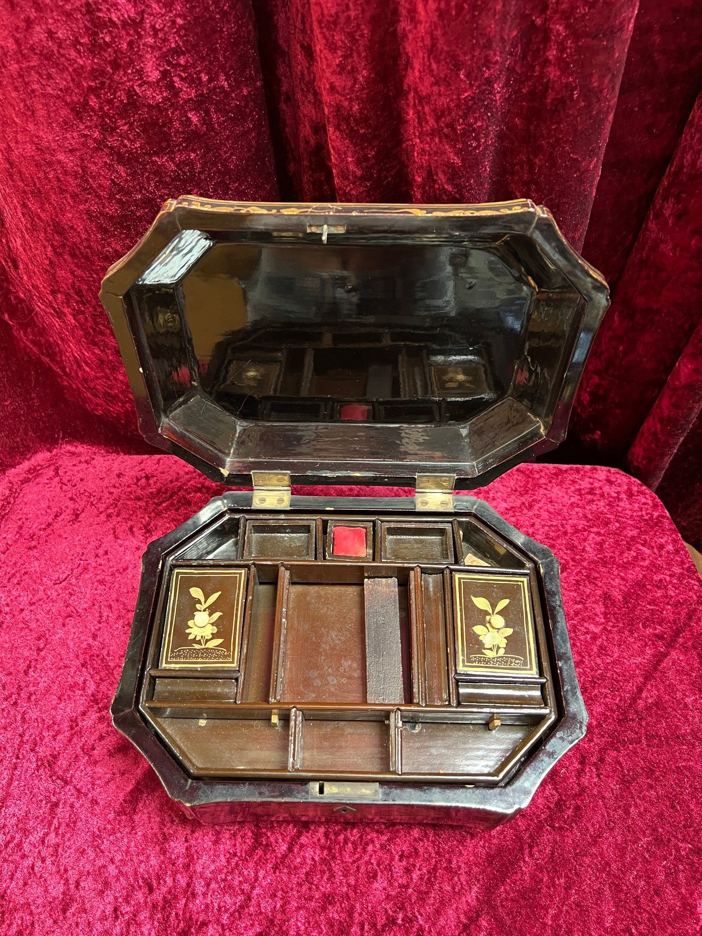 Antique Sewing Kit - Black Lacquer Ladies Work Box - Octagonal 19th Century Asian Chinoiserie