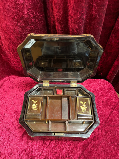 Antique Sewing Kit - Black Lacquer Ladies Work Box - Octagonal 19th Century Asian Chinoiserie