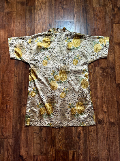 Vintage Robe and Nightgown Nightwear Set - Animal and Yellow Rose Print - Night Essence