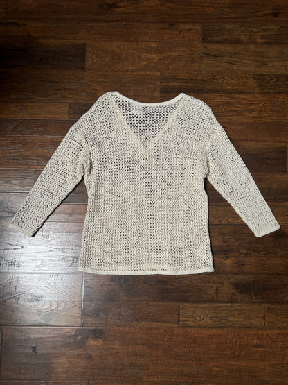 Vintage David Wayne Cotton Crochet Sweater – Ivory Open Knit Floral V-Neck – Medium