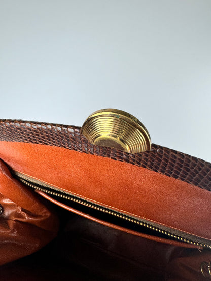 Vintage Purse - Brown Lizard Snap Closure Handbag with Brass Detail