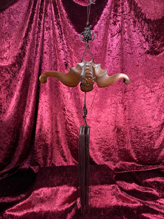 Vintage Wood Wall Hanging – Asian Carved Bat Sculpture with Knotted Tassel