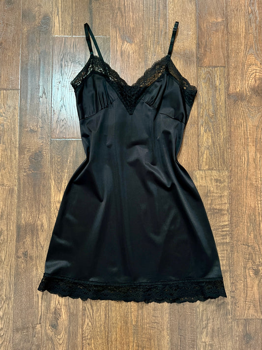 Vintage Nylon Spaghetti Strap Slip Dress - Black Lace Trim Nightgown