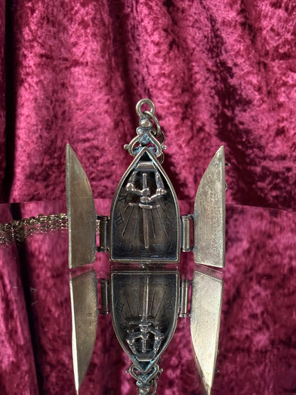 Vintage Jewelry - Brass Gothic Locket - Hinged Doors with Sword Against Time