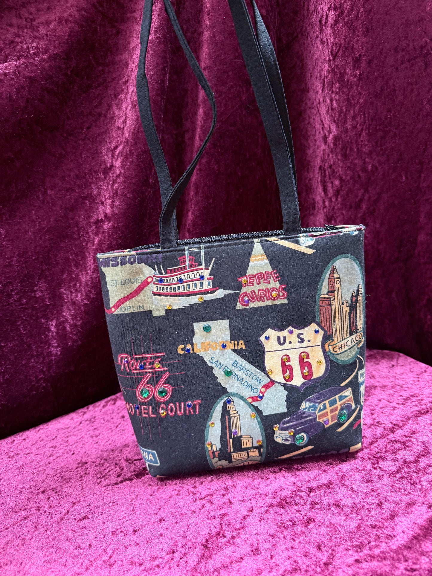 Vintage Y2K Route 66 Shoulder Bag – Rhinestone Road Trip Print