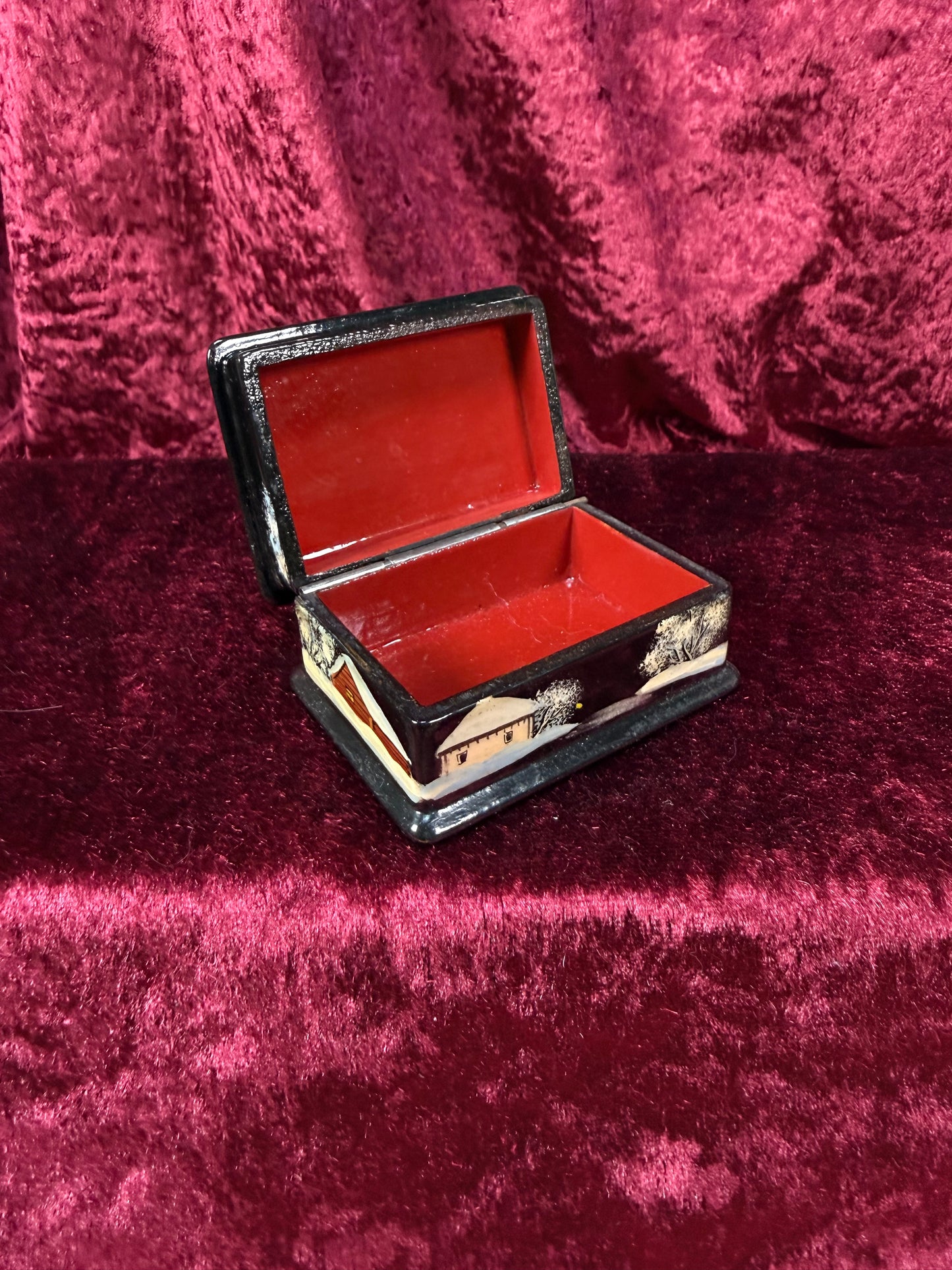 Vintage Lacquer Trinket Box with Hinged Lid – Hand Painted Snowy Russian Church Scene