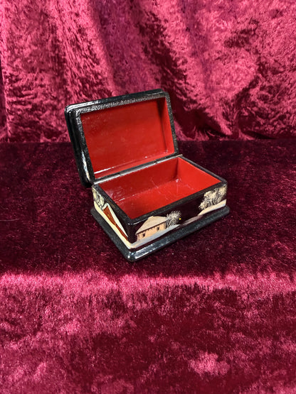Vintage Lacquer Trinket Box with Hinged Lid – Hand Painted Snowy Russian Church Scene
