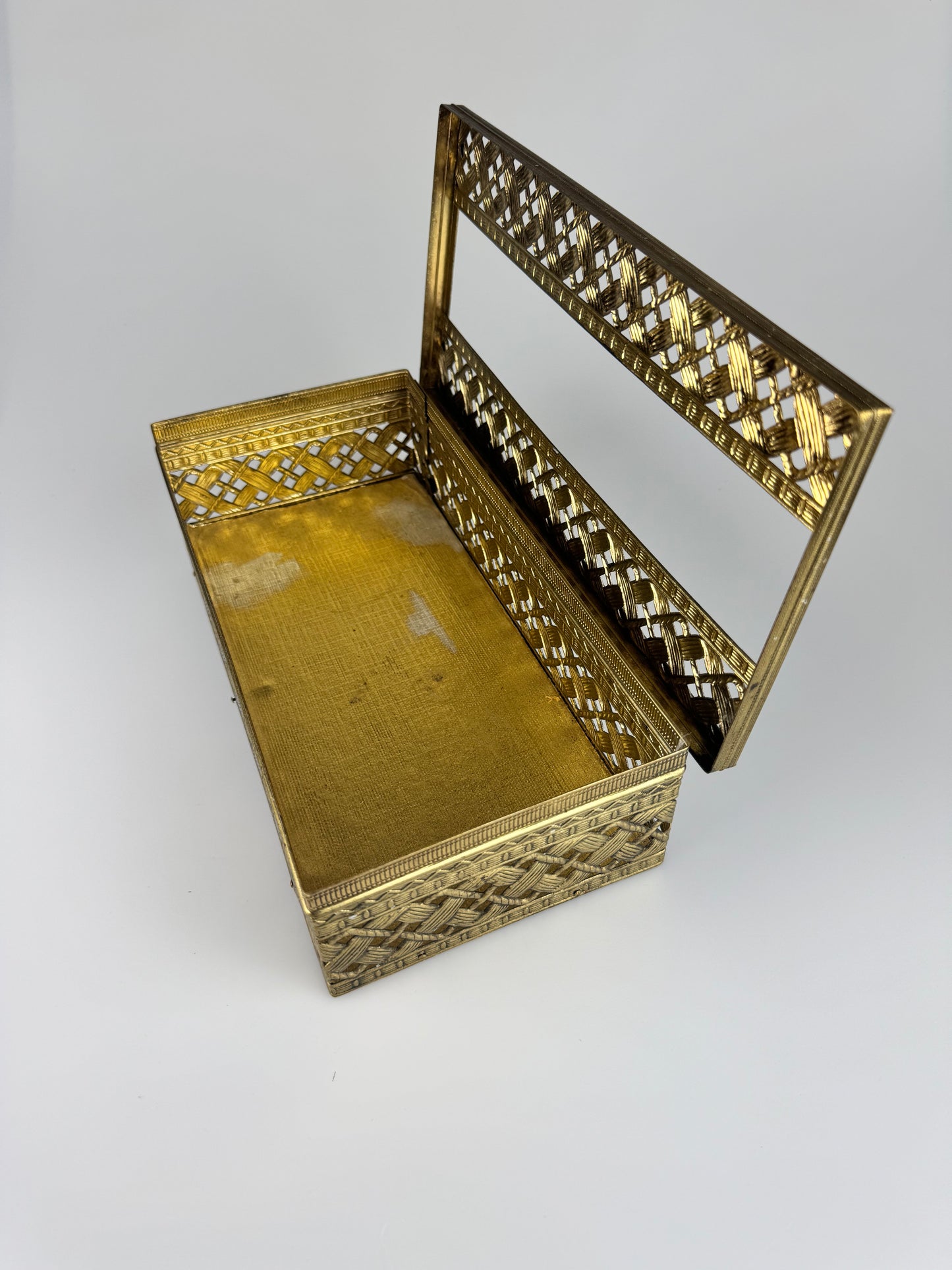 Vintage MCM Woven Brass Rectangular Tissue Box w/ Velvet Bottom
