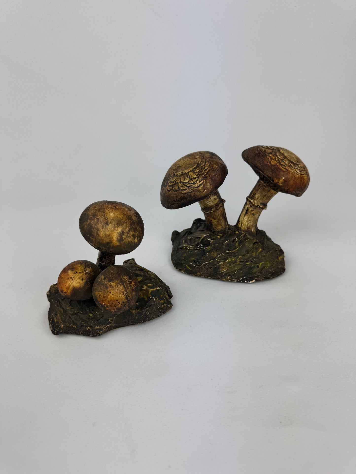 Vintage 1970s Chalkware 3D Toadstool Mushroom Decor Sculpture - Set of 2