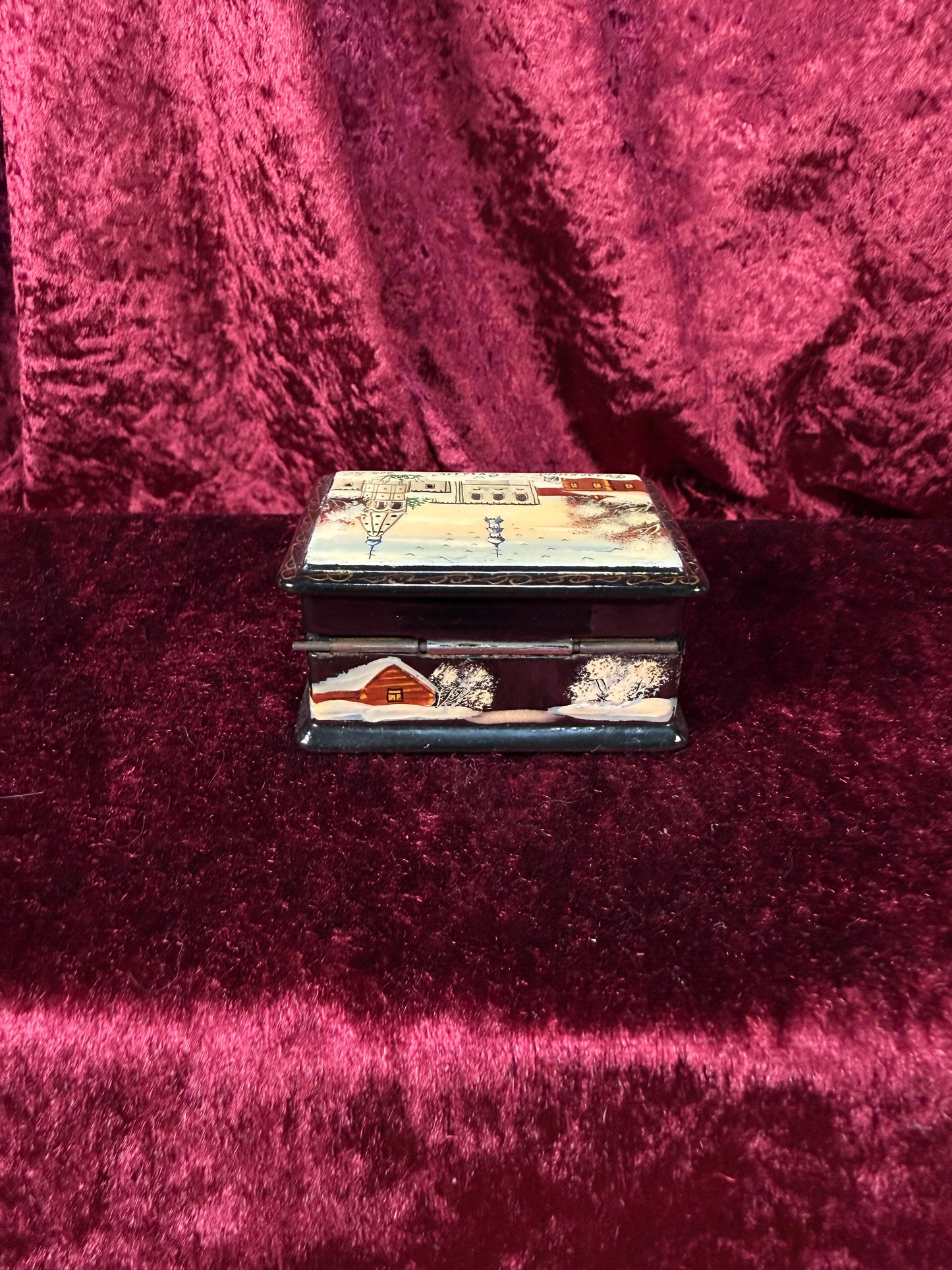 Vintage Lacquer Trinket Box with Hinged Lid – Hand Painted Snowy Russian Church Scene