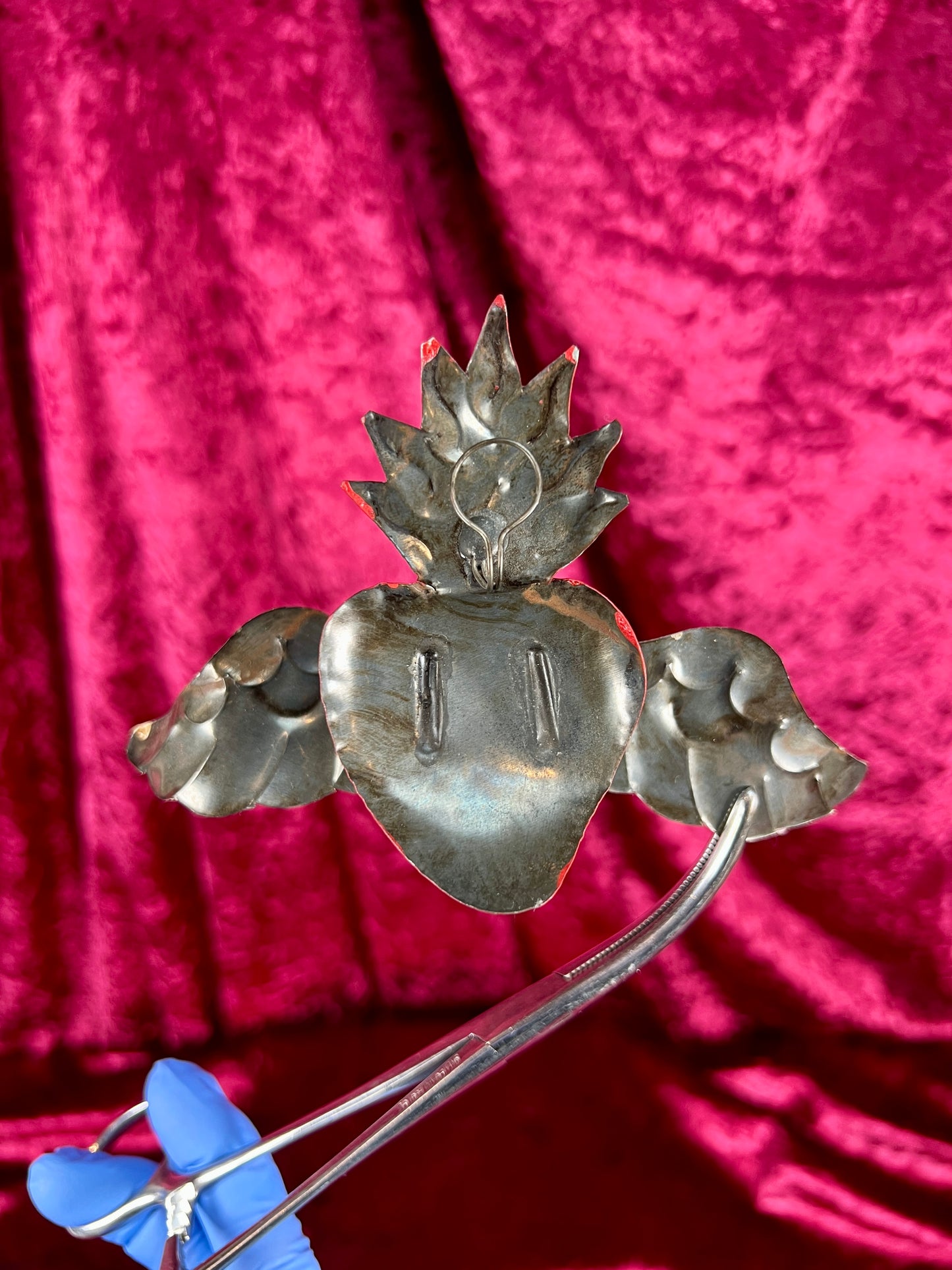 Vintage Wall Art - Painted Tin - Winged Sacred Milagro Heart