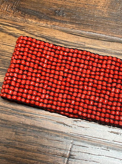 Vintage Style Accessories - Glass Seed Beaded Waist Belt with Wood Buckle - Red - 31.5"