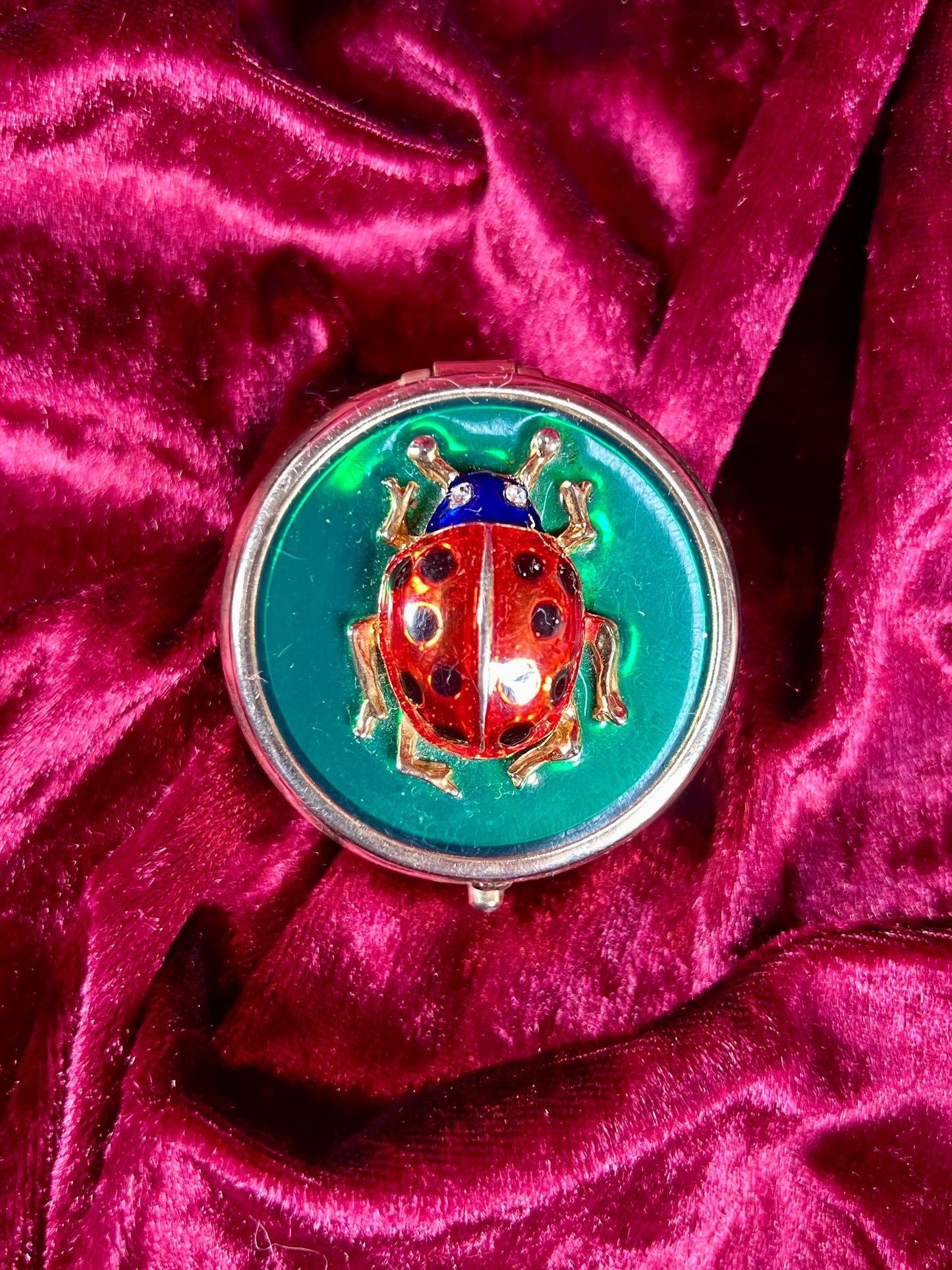 Vintage Vanity - 3-Compartment Pill Box - Gold Tone - Enamel Lid - Lady Bug