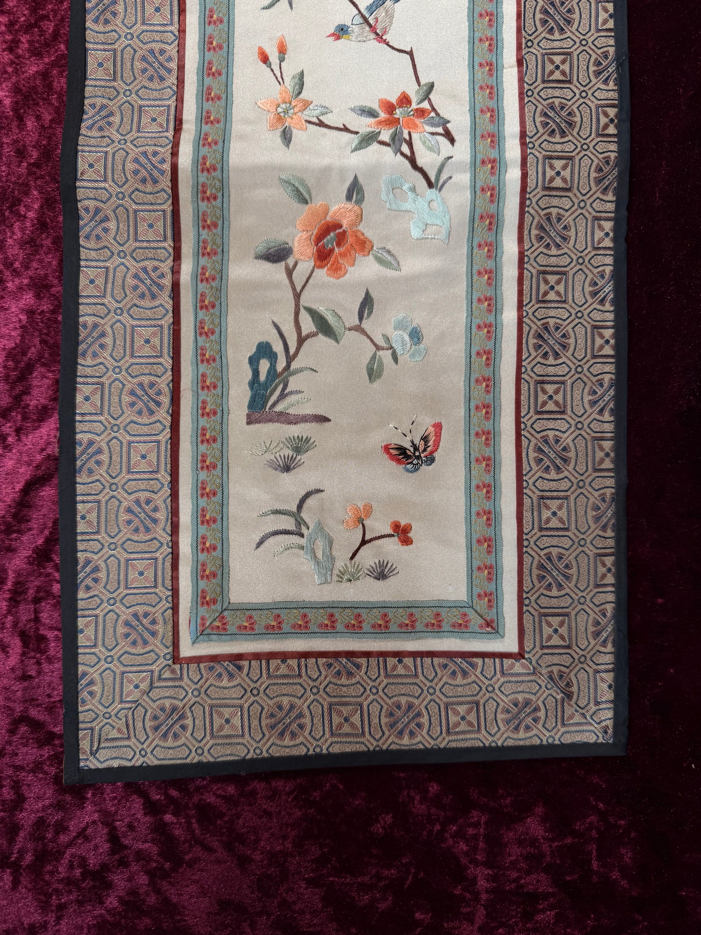 Antique Chinese Silk Sleeve Band – Blue Bird In A Tree - Embroidered Textile Robe Panel - Peking, China
