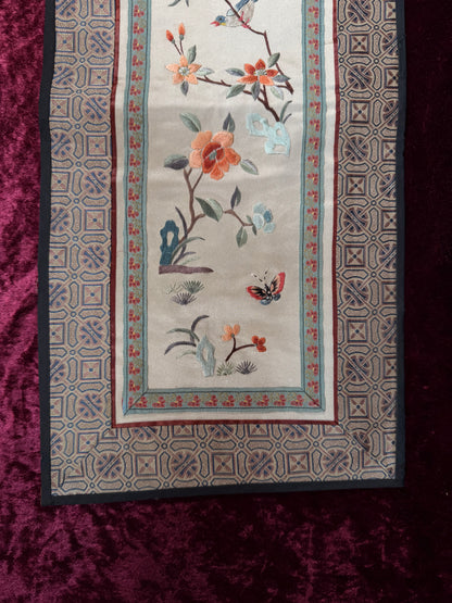 Antique Chinese Silk Sleeve Band – Blue Bird In A Tree - Embroidered Textile Robe Panel - Peking, China