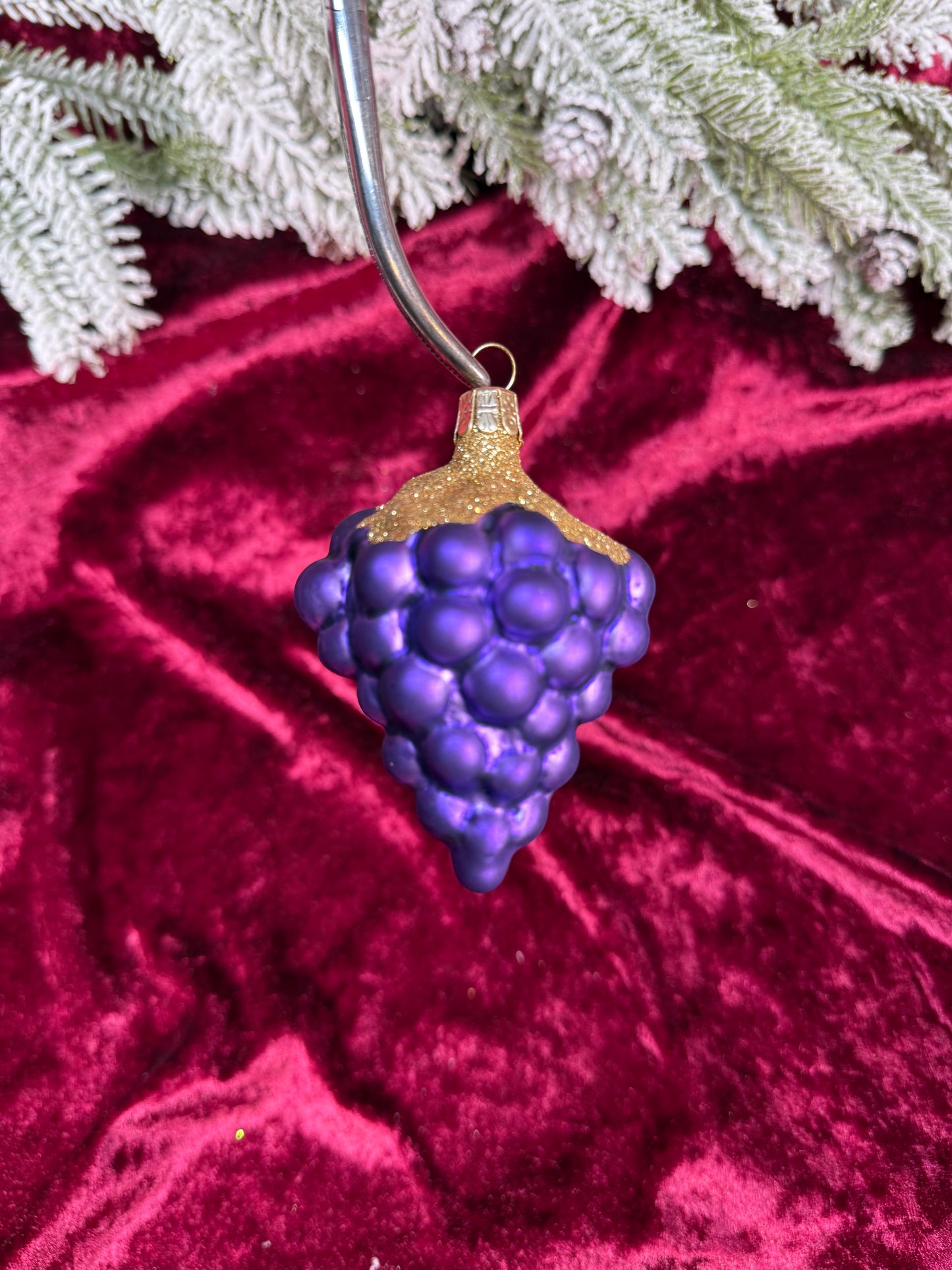 Vintage Christmas - Handblown Glass Ornament - Purple Grape Cluster with Gold Glitter