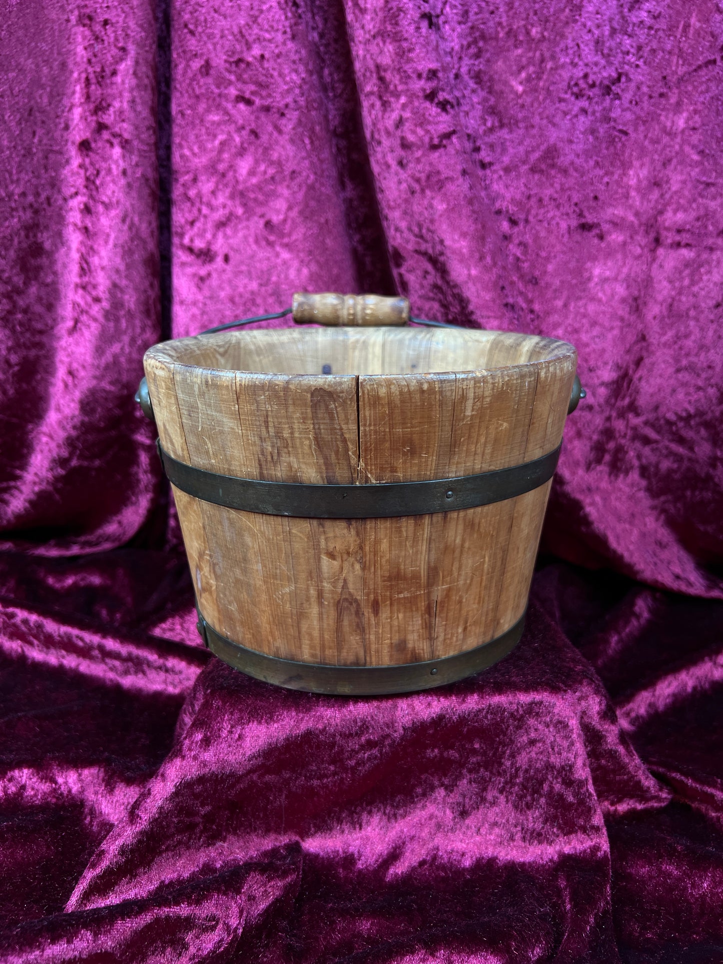 Antique Wood Bucket - Bentwood Stave Construction Iron Swing Handle