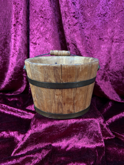 Antique Wood Bucket - Bentwood Stave Construction Iron Swing Handle