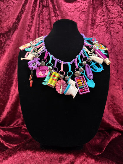 Vintage 1980s Plastic Chain Charm Necklace - 20 Bell Charms - Purple & Aqua Blue