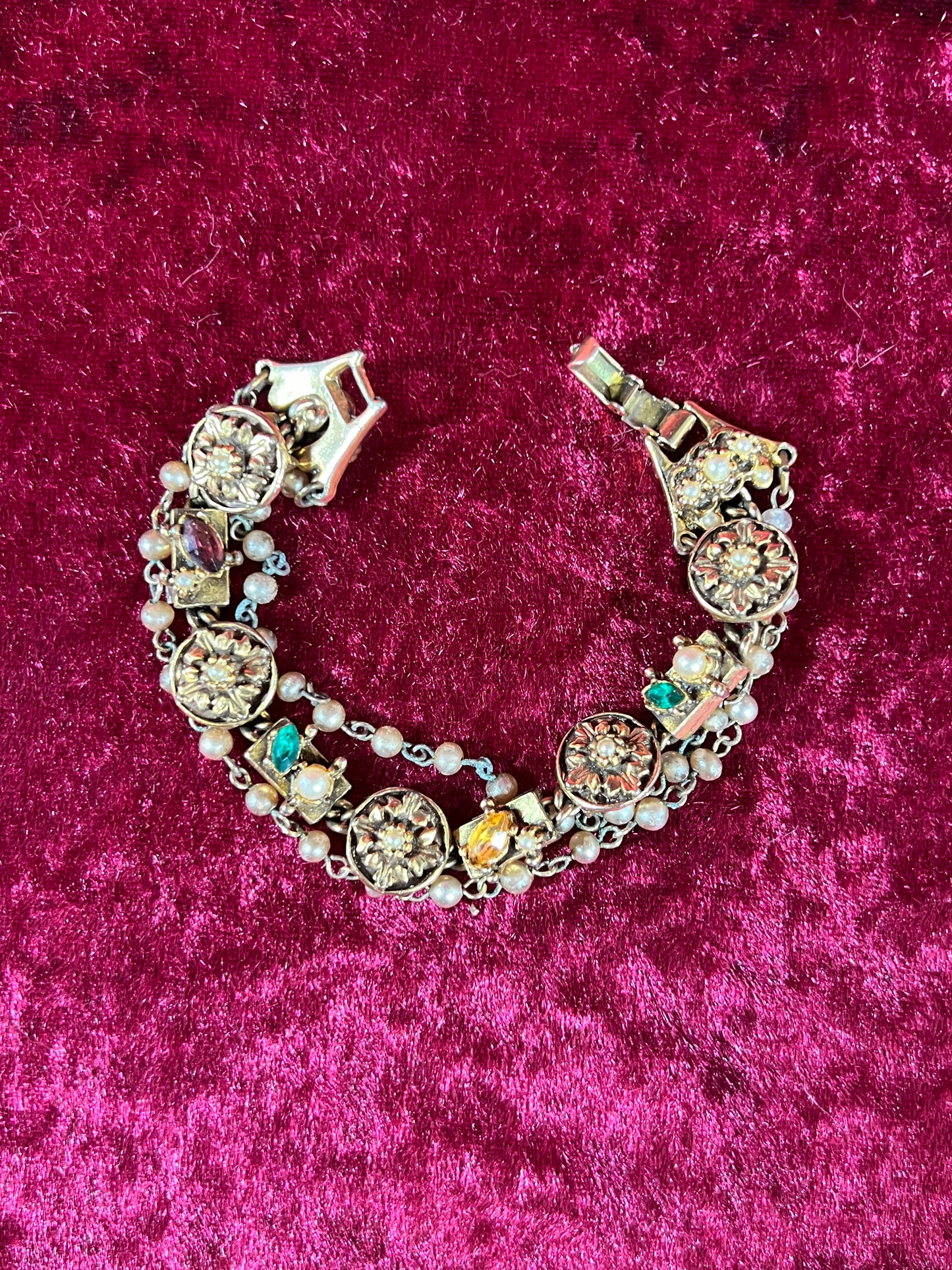 Vintage Jewelry - 3-Strand Charm Bracelet - Gold Tone - Multicolor Rhinestones - Goldette NY