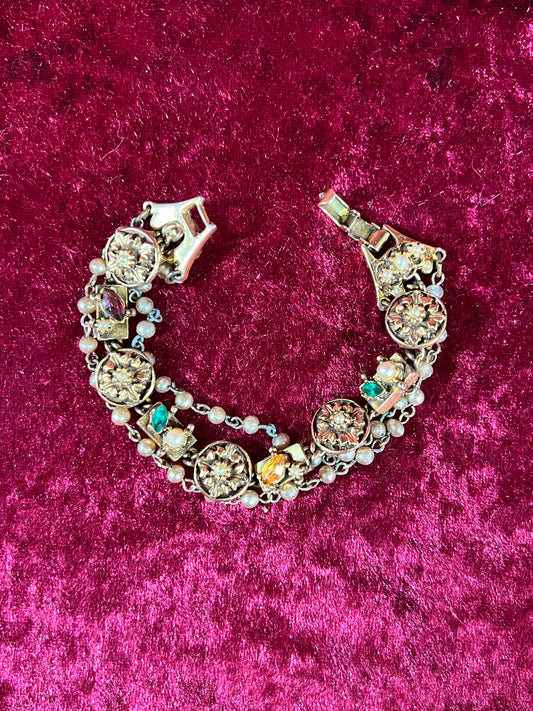 Vintage Jewelry - 3-Strand Charm Bracelet - Gold Tone - Multicolor Rhinestones - Goldette NY