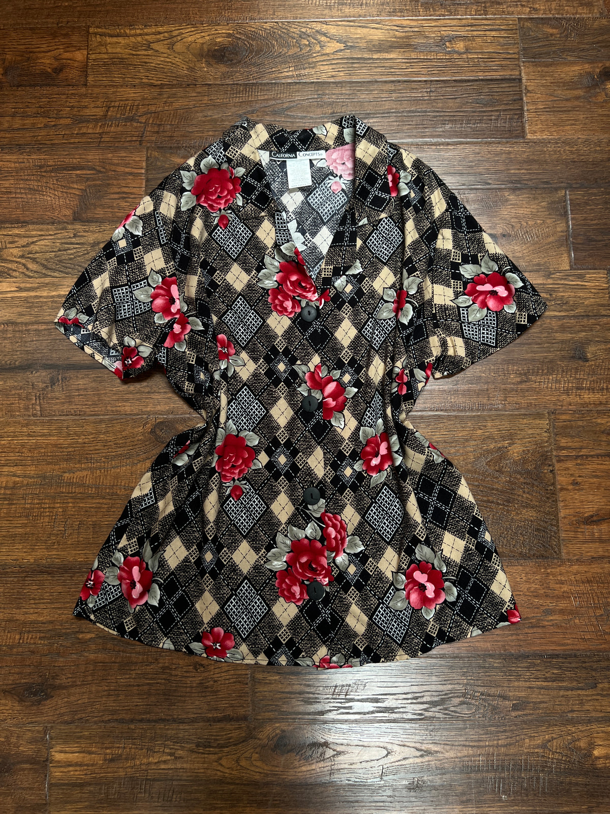 Vintage Rayon Blouse - Argyle Floral Print California Concepts - Large