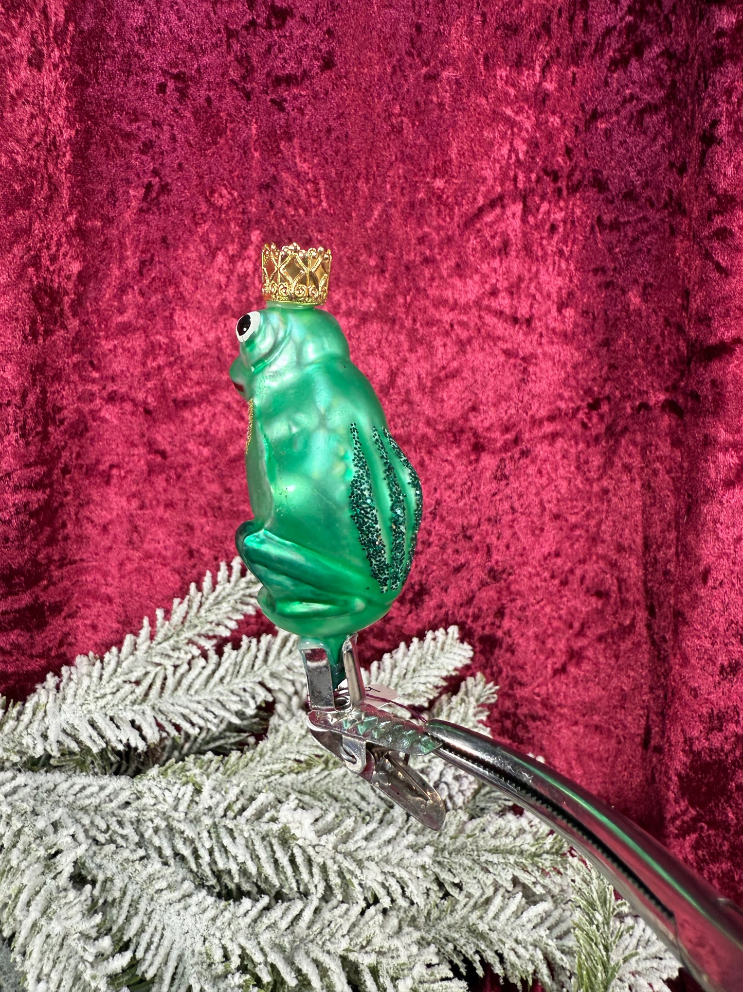 Vintage Christmas - Clip On Ornament - Hand Blown Glass -  3" Prince Frog