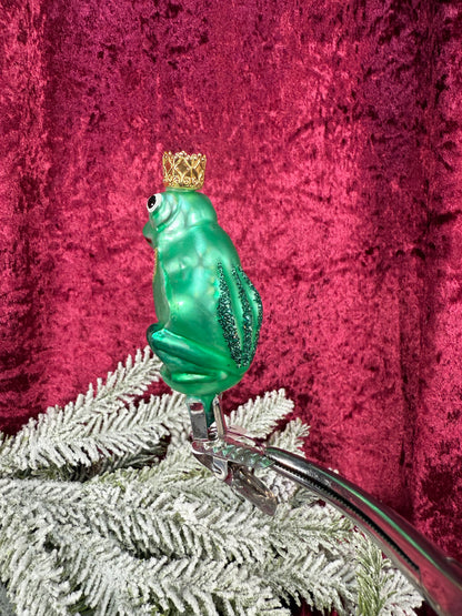 Vintage Christmas - Clip On Ornament - Hand Blown Glass -  3" Prince Frog