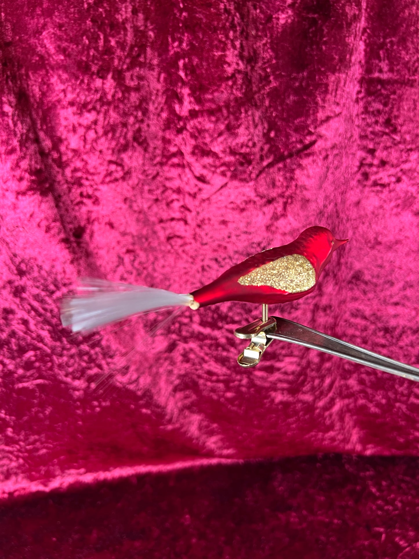 Vintage Christmas - Glass Clip-On Ornament - Bright Red Cardinal with Nylon Hair Tail