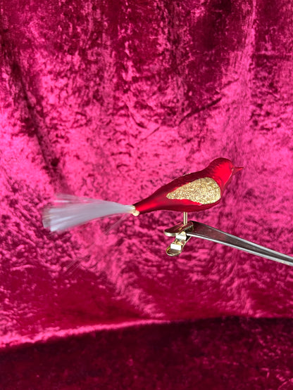 Vintage Christmas - Glass Clip-On Ornament - Bright Red Cardinal with Nylon Hair Tail