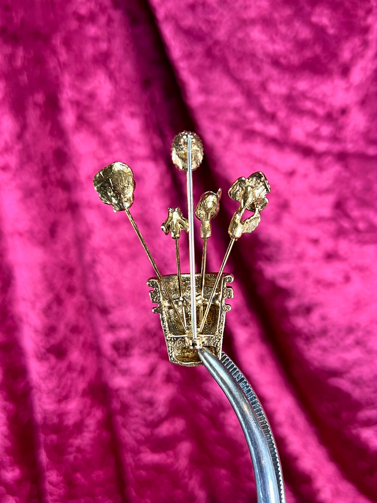 Vintage Jewelry - Brooch - Gold Tone - Overturned Thimble with Hat Pins