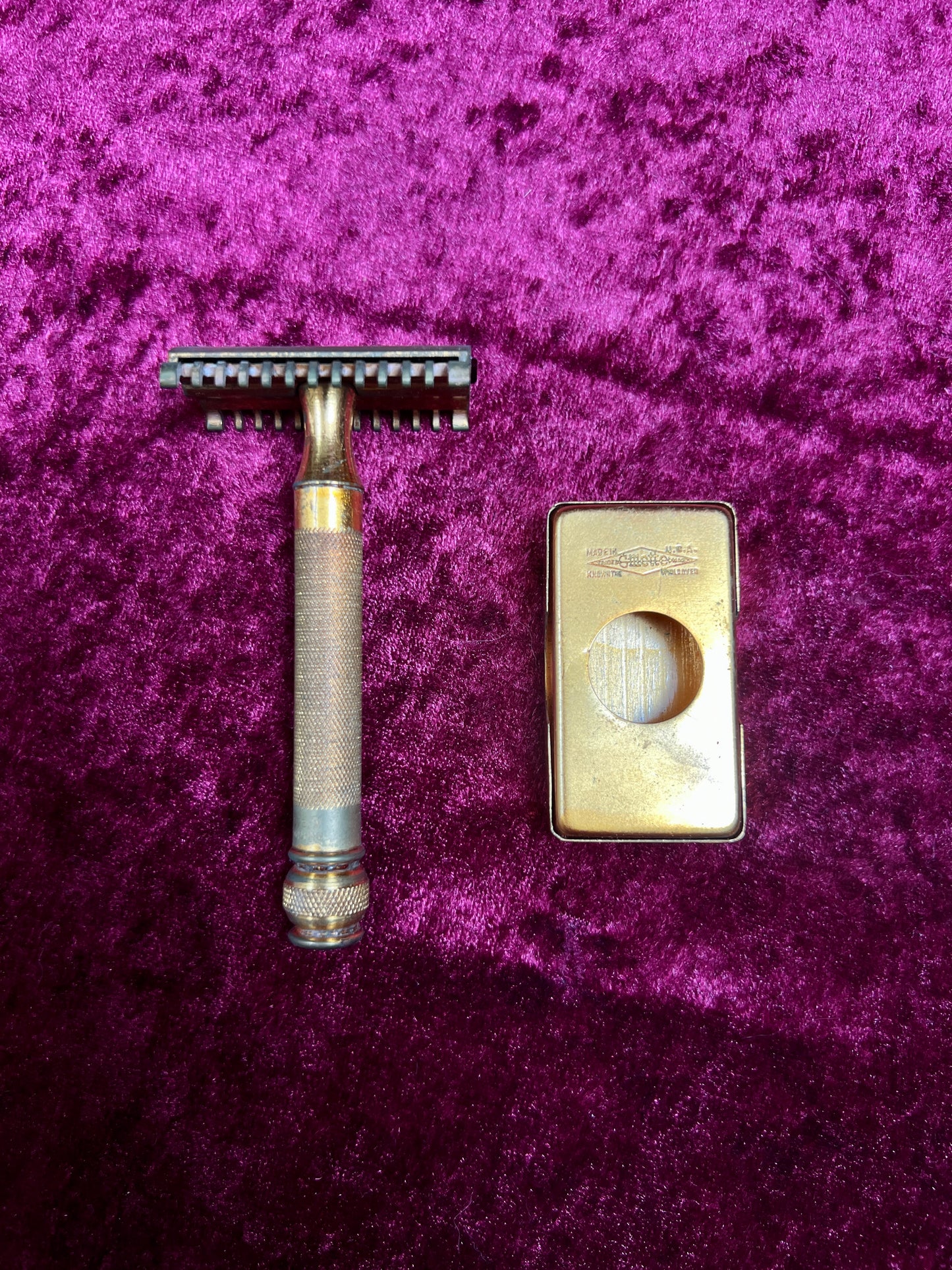 Vintage Gold Tone Brass Safety Razor – Gillette Travel Shaving Set with Case