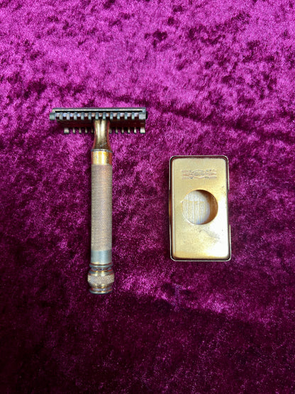 Vintage Gold Tone Brass Safety Razor – Gillette Travel Shaving Set with Case