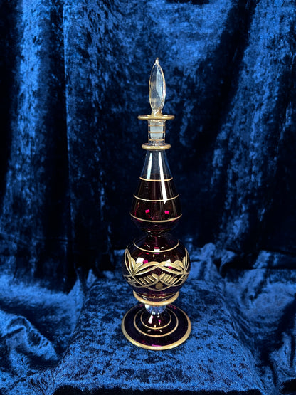 Vintage Ruby Red and Gold Glass Perfume Bottle - Egyptian Decanter with Stopper