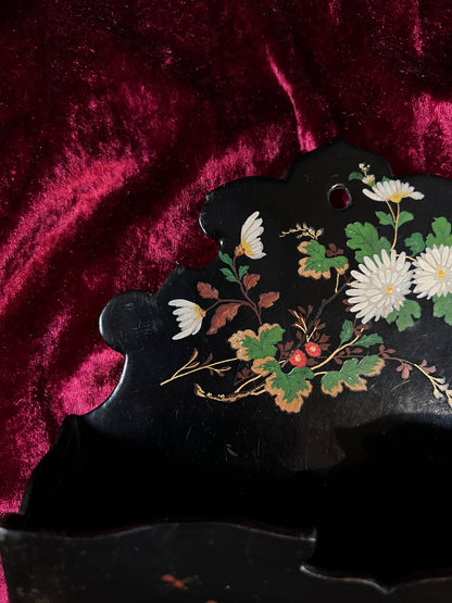Antique Papier Mache Wall Pocket - Victorian Black Lacquer Painted White Flowers