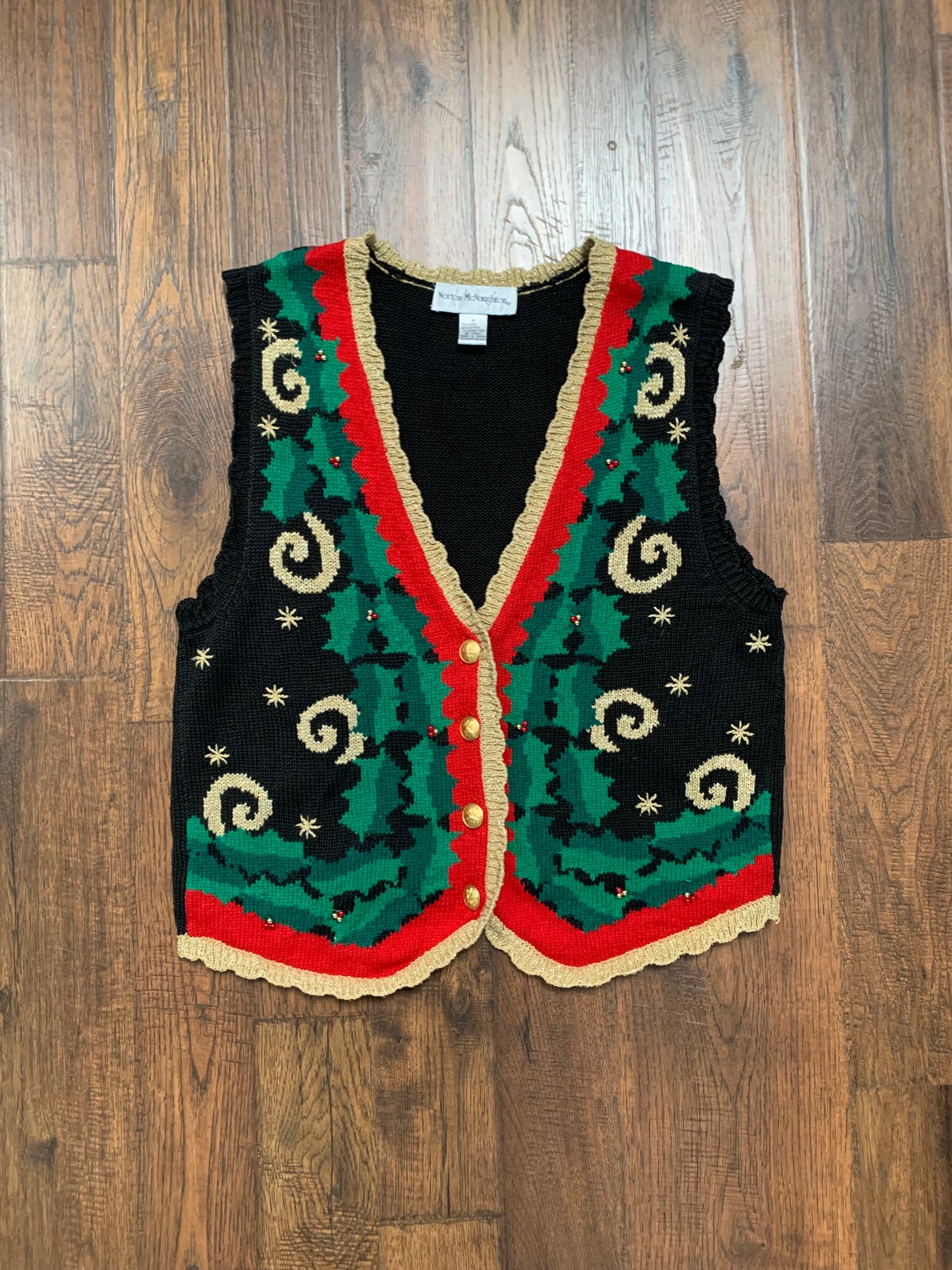 Vintage Clothing - Knit Button Up Vest - Holiday Mistletoe - Norton McNaughton - Medium