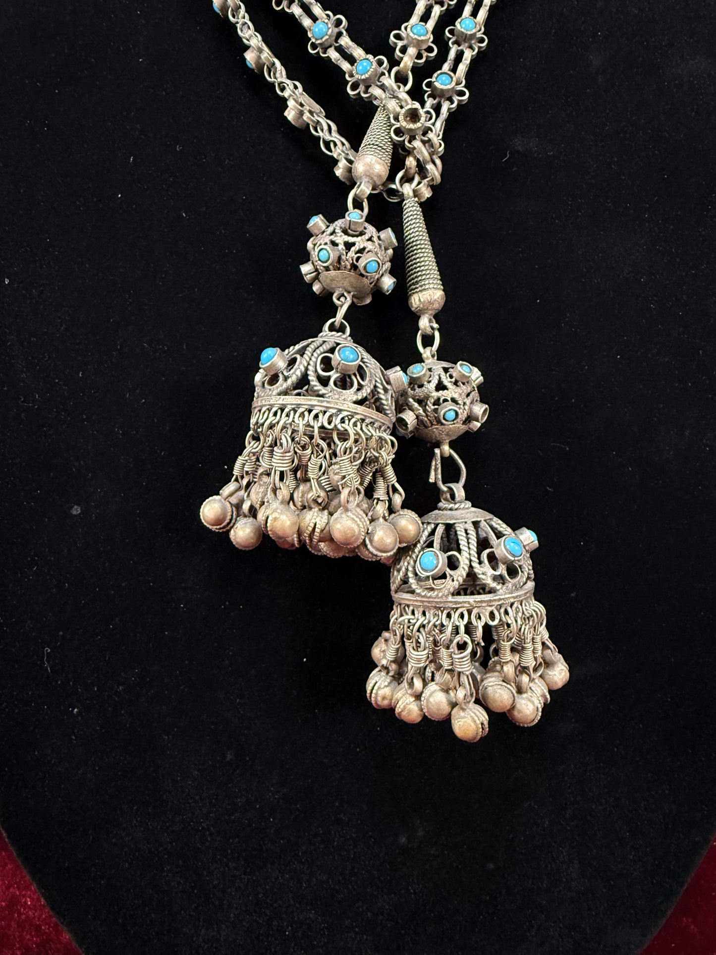 Vintage Tribal Statement Necklace – Turquoise Accent Jhumka Tassel Adornment