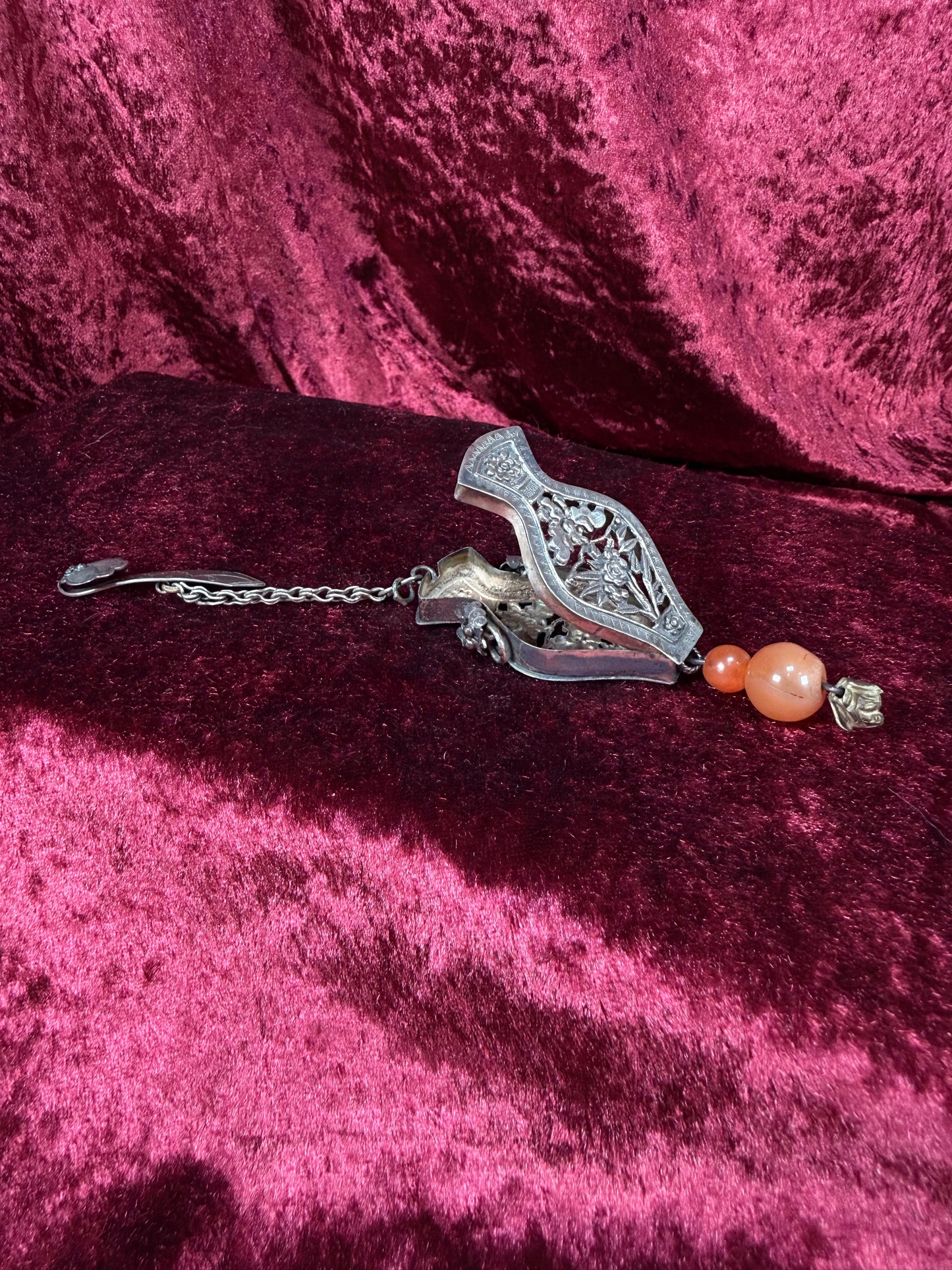 Antique Sterling Silver Needle Case Pendant Chatelaine – Carnelian Bead Late Qing Dynasty Style