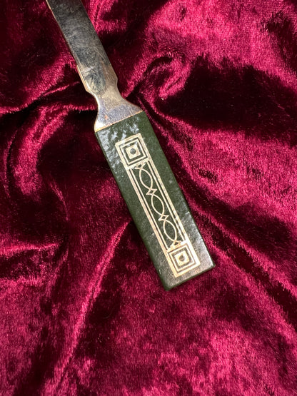 Vintage Brass Letter Opener - Art Deco Green Geometric Handle