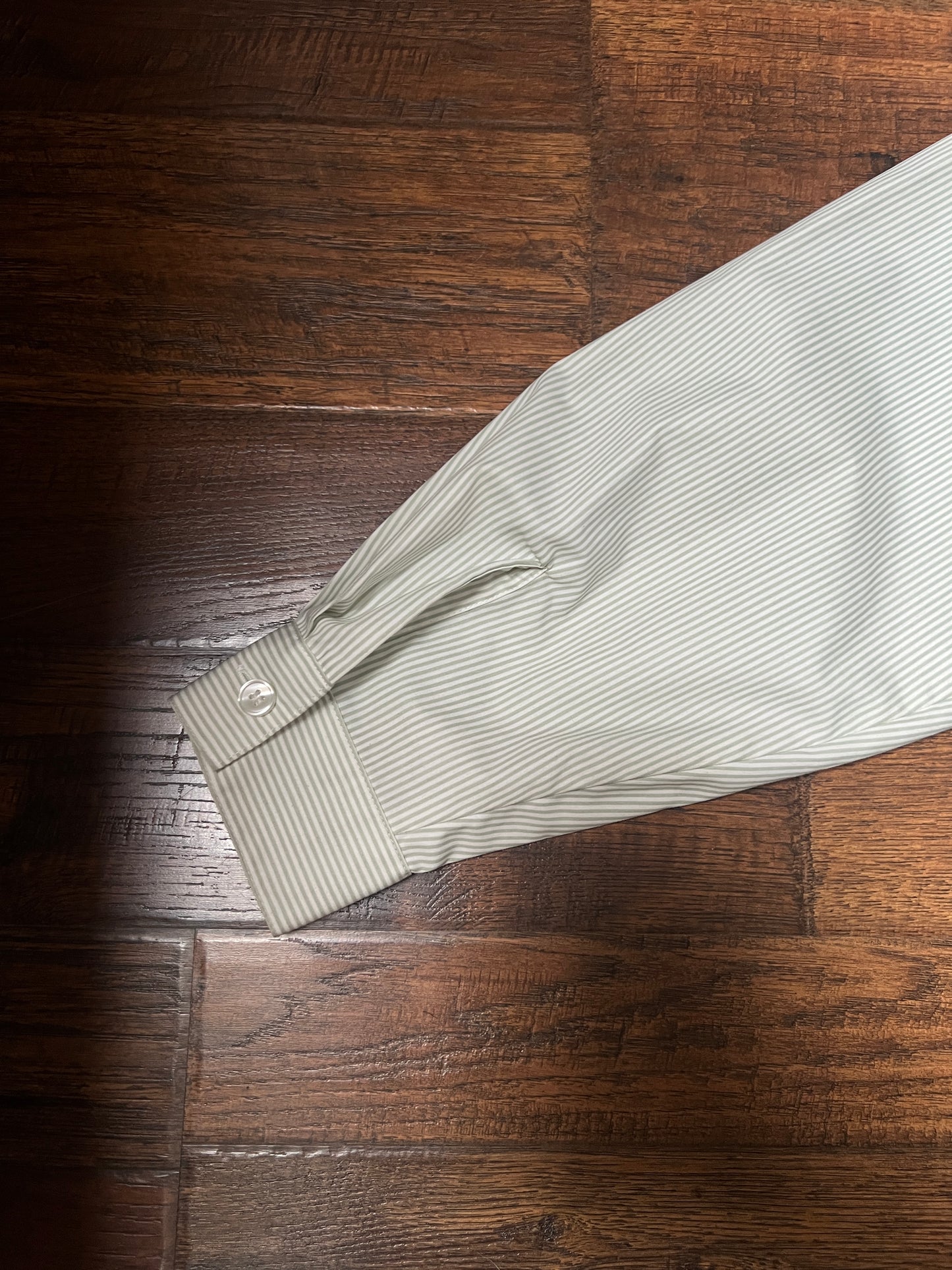 Vintage Koret Francisca Cotton Blend Blouse – Green Pinstripe Floral Embroidery – Medium