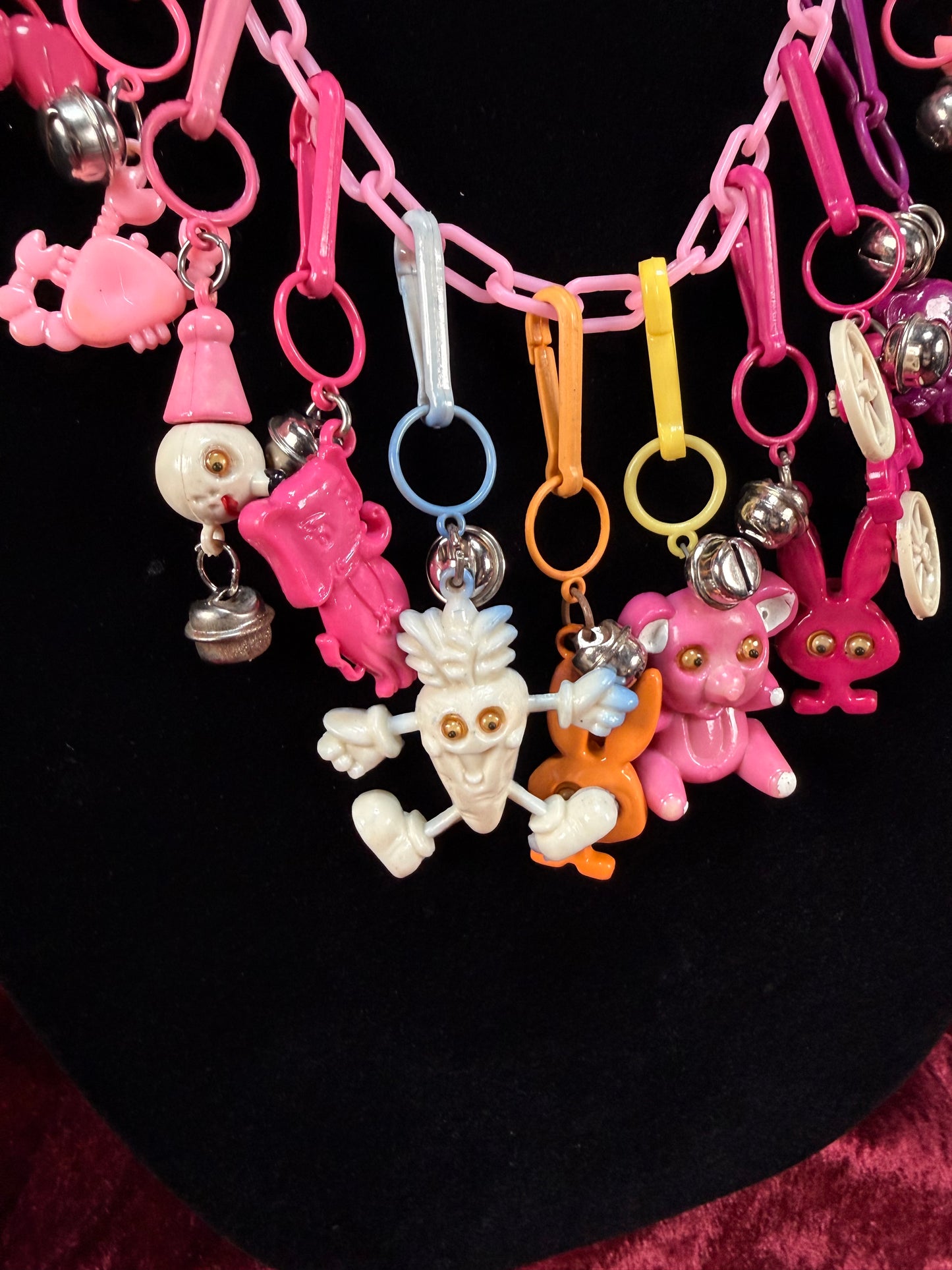 Vintage 1980s Plastic Chain Charm Necklace - 12 Bell / Googly Eyes Charms - Pink & Purple