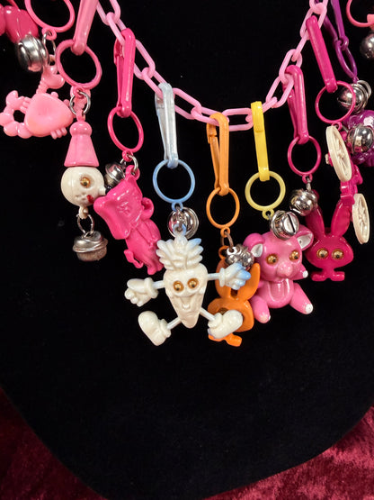 Vintage 1980s Plastic Chain Charm Necklace - 12 Bell / Googly Eyes Charms - Pink & Purple